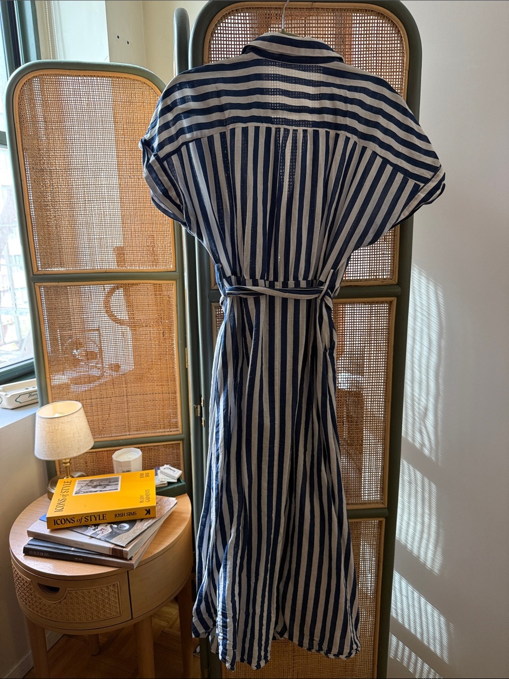 Zara Striped Linen Blend Shirt Dress Blue White Belted Maxi XL 8092/469 - Picture 8 of 8